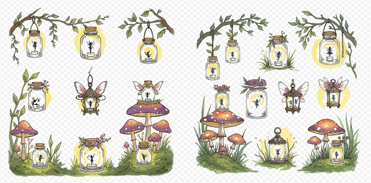 Whimsical watercolor illustrations of fireflies in jars and lanterns, surrounded by magical mushrooms and leafy branches.