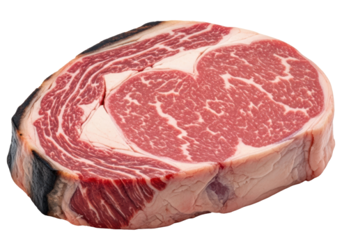 Uncooked prime ribeye steak cut, rich red meat with marbling, ready for cooking