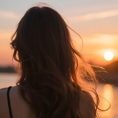 4k high quality Ai generative HD photo realistic silhouette shadow sunset sunrise woman lady girl beach ocean sea pretty beautiful sky watching view brown long hair curly wavy back side closeup