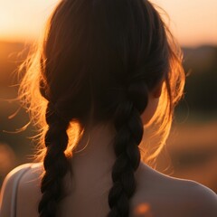 4k high quality Ai generative HD photo realistic silhouette shadow sunset sunrise woman lady girl braid sea pretty beautiful sky watching view short hair cute \back side closeup haircut