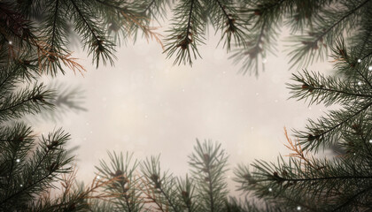 Obraz premium Winter holiday background with a frame of pine branches and soft bokeh lights﻿
