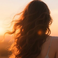 4k high quality Ai generative HD photo realistic silhouette shadow sunset sunrise woman lady girl beach ocean sea wave pretty beautiful sky watching see brown windy view long hair curly wavy back 