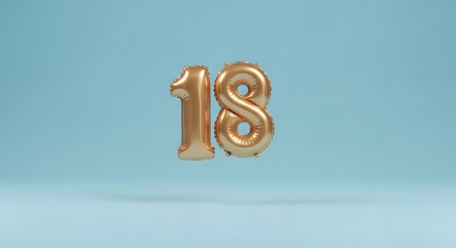 Significant number eighteen, rendered as a shiny gold foil balloon, presented on a minimalist blue backdrop. Excellent for themes related to legal age or 18th anniversary