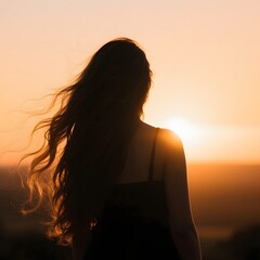 4k high quality Ai generative HD photo realistic silhouette shadow sunset sunrise woman lady girl beach ocean sea wave pretty beautiful sky watching see brown long hair curly wavy back windy view