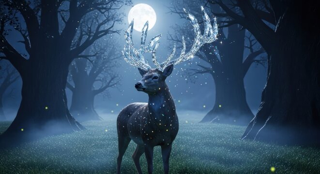 A deer with crystalline antlers that refract starlight, standing in a moonlit clearing, ethereal and dreamlike.