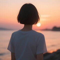 4k high quality Ai generative HD photo realistic silhouette shadow sunset sunrise woman lady girl pretty beautiful sky watching view short hair cute back side closeup haircut garden