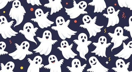 Fototapeta premium A cute and spooky Halloween seamless pattern featuring various happy, sad, and mischievous cartoon ghosts on a dark blue background.