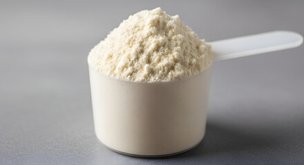A close-up shot of a white scoop filled with protein powder on a grey surface.