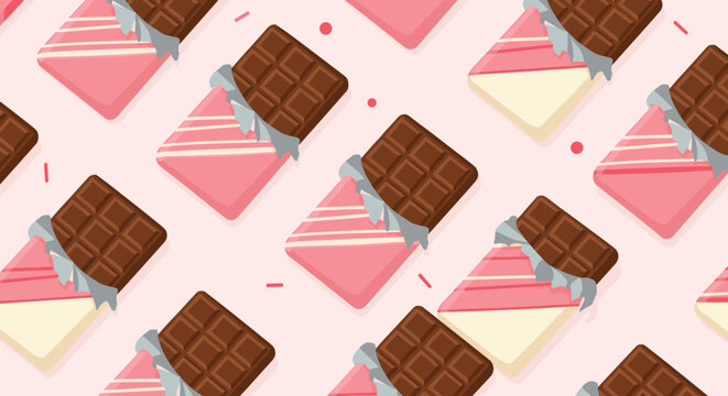 A delightful seamless pattern featuring various chocolate bars, including pink and bicolored options, with scattered sprinkles on a soft pink background.