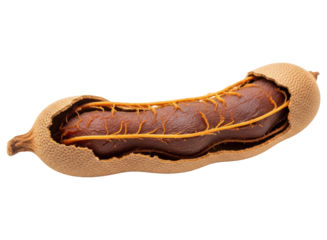 Partially opened tamarind pod revealing its dark brown pulp and fibrous strands