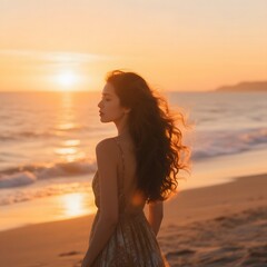 4k high quality Ai generative HD photo realistic silhouette shadow sunset sunrise woman lady girl beach ocean sea wave pretty beautiful sky watching see brown long hair curly wavy back side left