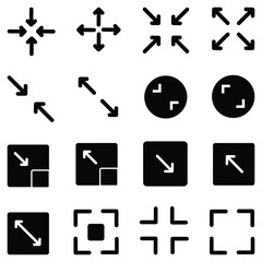 Black Arrow & Corner Bracket Icon Set – Expand, Collapse, Fullscreen, and Direction Symbols for Web, App, and UI Design