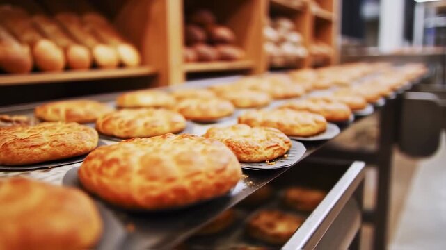 a close up slow pan shot showing rows of freshly baked pies cooling on a conveyor belt inside a large commercial bakery, a sweet treat concept