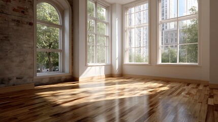 Obraz premium Bright Empty Room with Hardwood Floors and Large Windows Overlooking City