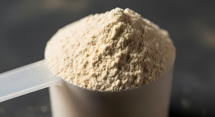 Close-up view of a scoop filled with protein powder, showing texture and detail.