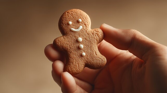 Close-up studio shot of a human hand gently holding a ginger cookie. Soft diffused light, clean background, shallow depth of field.