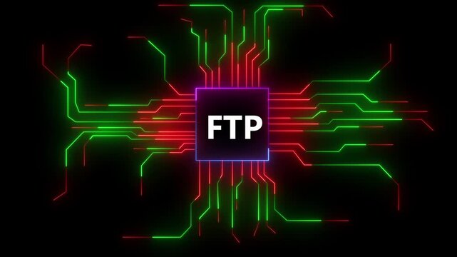 FTP Futuristic Data Transfer Protocol Neon Glow Circuit Board Tech Motion Graphic