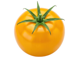 Vibrant yellow tomato with green stem and sepals, fresh and ripe produce
