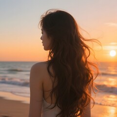 4k high quality Ai generative HD art photo realistic silhouette shadow sunset sunrise woman lady teen girl beach ocean sea wave pretty beautiful sky watching see brown hair curly wavy back side left