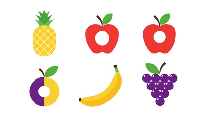 Colorful Fruit Icons on White Background: Pineapple, Apples, Plum, Banana and Grapes