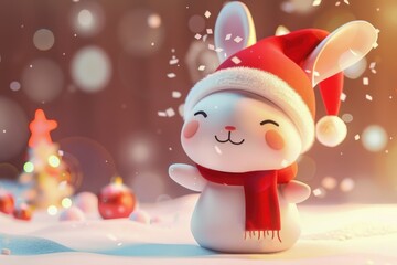 rabbit with holiday hat enjoys winter celebration, great for festive promotions and digital Christmas designs