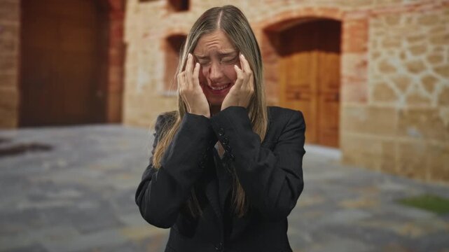 Young woman pressing hands to face and squinting eyes while crying in front of a stone building entrance with wooden doors and paved courtyard; loss distress.