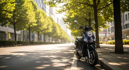 Electric scooter parked on the side of a sunny city street with trees.