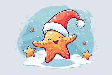 Winter holiday starfish in red hat on snow, perfect for Christmas visuals