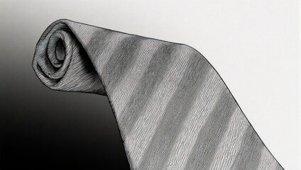 Rolled Gray Striped Tie on White and Black Background.