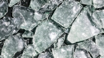 Close up of shattered glass fragments reflecting light.