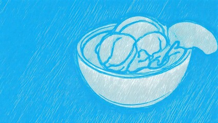 Artistic blue sketch of ice cream scoops in a dessert bowl.