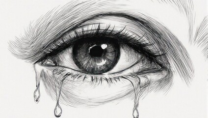 Detailed Pencil Sketch of a Crying Eye with Tears.