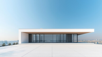 Modern cottage building showcases sleek architecture against a clear blue sky in an urban district