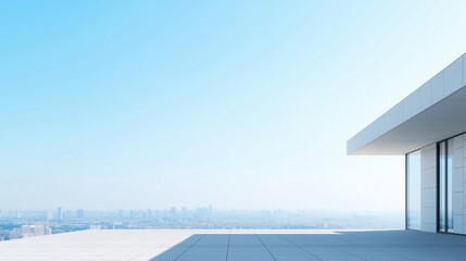 Modern cottage building stands elegantly in an urban setting against a clear blue sky, showcasing minimalistic design and clean lines