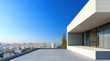 Modern cottage building showcases minimalist design in an urban city district under a clear blue sky