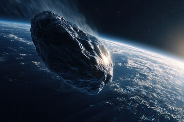 Massive dark asteroid spins slowly in deep space as Earth appears ahead, showcasing cosmic reflections and the silence of the universe