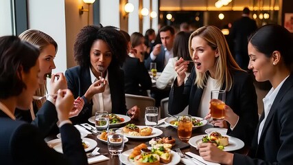 Professional women networking over a delicious meal in a stylish restaurant, fostering connections and discussing business in a vibrant corporate dining setting - Powered by Adobe
