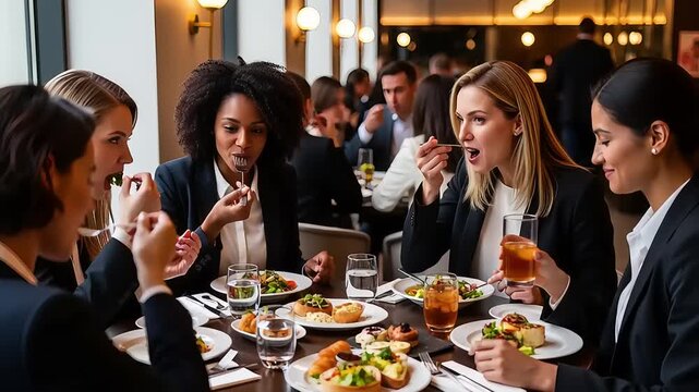 Professional women networking over a delicious meal in a stylish restaurant, fostering connections and discussing business in a vibrant corporate dining setting - Powered by Adobe