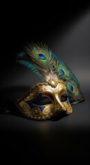 Elegance unveiled: A gilded mask adorned with peacock feathers on a shadowy stage