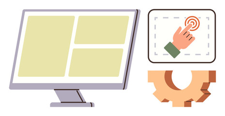 Monitor displaying layout sections, hand tap gesture implying interaction, gear symbolizing process. Ideal for UI design, technology, automation, navigation, systems interaction innovation. Simple