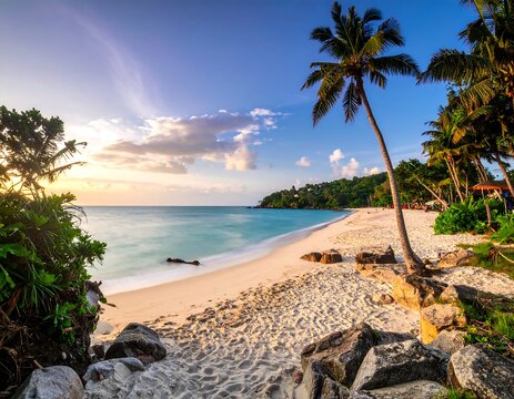 Tropical beach at sunset. Lush vegetation and calm ocean