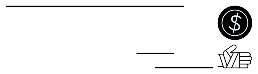 Dollar sign in circular coin, handshake symbolizing agreement, and horizontal lines for movement. Ideal for business, finance, transaction, payment flow, trade money exchange collaboration. Simple