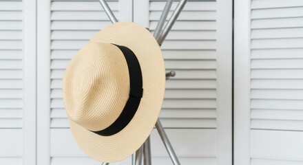 Elegant straw hat adorned with black ribbon displayed on a minimalist silver coat rack against