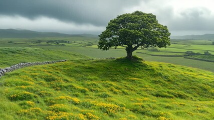 Lush Green Hilltop with Lone Tree and Stone Wall