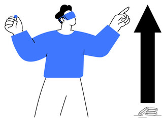 Person in VR headset pointing upward toward a large arrow with scattered coins, symbolizing innovation, growth, financial technology, virtual engagement, education, strategy, and progress. Ideal