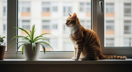 Ginger cat attentively gazing outward from a sunlit window sill adorned with a houseplant
