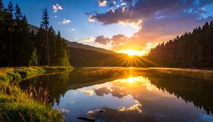 Scenic lake sunset over mountains