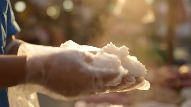 Close-up of hands in plastic gloves handling freshly cooked, steaming white rice.