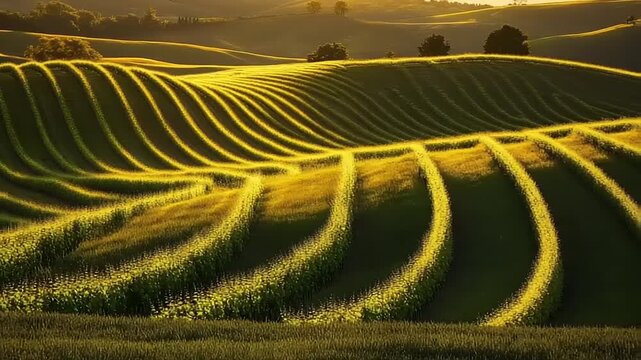 Undulating green hills showing curved parallel rows of crops under bright sunlight