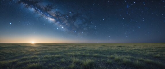 Breathtaking panorama of starry sky with milky way and serene grassy landscape at twilight, showcasing nature's beauty